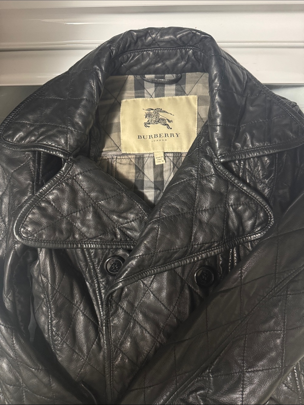 Burberry Vintage 90s Black Quilted Leather Double-Breasted Jacket